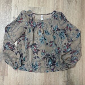 Xhilaration Paisley Long Sleeve Sheer Tan Blouse Xsmall